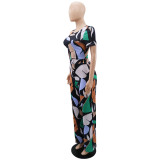 Women printed short-sleeved Casual Top and high-waisted trousers two-piece set