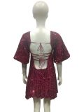 Plus Size Women Sequin Summer Casual Round Neck Short Sleeve Solid Dress