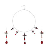 Halloween Dark Gothic Style Exaggerated Red Water Drop Bat Earrings Cross Pendant Necklace