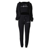 Women Letter Printed Plush Hoodies and Pant Casual Three-Piece