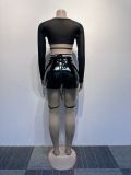 Women Sexy Patchwork Beaded Lace-Up Long Sleeve Crop Top and Shorts Two-piece Set