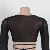 Women Sexy Patchwork Beaded Lace-Up Long Sleeve Crop Top and Shorts Two-piece Set