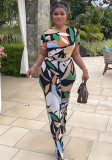 Women printed short-sleeved Casual Top and high-waisted trousers two-piece set