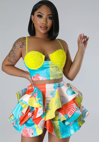 Women sexy printed beaded suspenders Strapless Top and Mini Skirt two-piece set（processing time need 6-8 days）