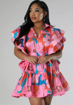 Women ruffled v-neck backless lace-up printed dress Women ruffled v-neck backless lace-up printed dress