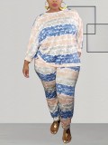 Plus Size Women Striped Print Long Sleeve Top and Pant Two-piece Set