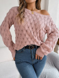Women Autumn and Winter Casual Feather Hollow Off Shoulder Off-Shoulder Balloon Sleeve Sweater