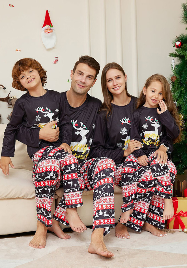 Christmas Cartoon Elk Letter Round Neck Family Pajama Two-piece Set
