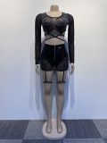 Women Sexy Patchwork Beaded Lace-Up Long Sleeve Crop Top and Shorts Two-piece Set