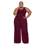 Plus Size Women Top and Ripped Wide Leg Pants Set of Two