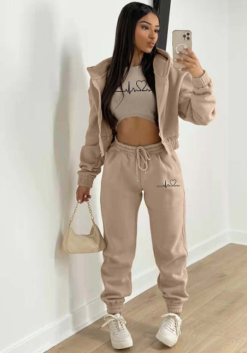 Women Letter Printed Plush Hoodies and Pant Casual Three-Piece