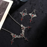 Halloween Dark Gothic Style Exaggerated Red Water Drop Bat Earrings Cross Pendant Necklace