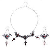Halloween Dark Gothic Style Exaggerated Red Water Drop Bat Earrings Cross Pendant Necklace