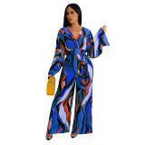 Women Casual Printed Lace-Up Long Sleeve Wide Leg Jumpsuit