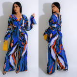 Women Casual Printed Lace-Up Long Sleeve Wide Leg Jumpsuit