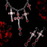 Halloween Dark Gothic Style Exaggerated Red Water Drop Bat Earrings Cross Pendant Necklace