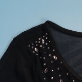 Women Sexy Patchwork Beaded Lace-Up Long Sleeve Crop Top and Shorts Two-piece Set