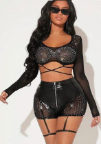 Women Sexy Patchwork Beaded Lace-Up Long Sleeve Crop Top and Shorts Two-piece Set Women Sexy Patchwork Beaded Lace-Up Long Sleeve Crop Top and Shorts Two-piece Set