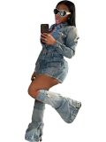 Feminine Multi-Pocket Washed Denim Dress (Including Cuffs)