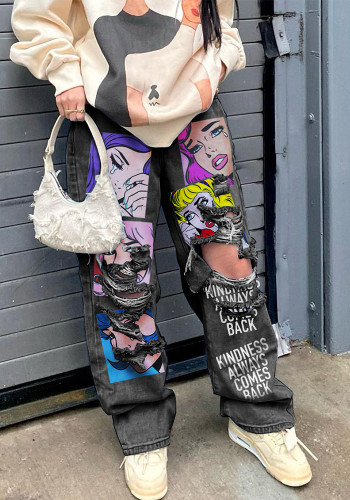 American Retro High Street Printed Wash Denim Pants Casual Women Wide Leg Jeam