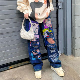 American Retro High Street Printed Wash Denim Pants Casual Women Wide Leg Jeam