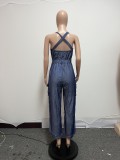 Women Extra Large Belt Bag Denim Jumpsuit