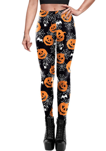 Women's Halloween Pumpkin Spider Web Print Elastic Women's Sports Yoga Pants Elastic Tight Fitting Leggings