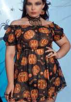 Plus Size Sexy Lingerie Sexy Pumpkin Print Mesh Nightgown Halloween Sexy Set