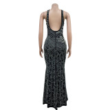 Women Solid Beaded Slit Backless Dress