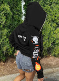 Plus Size Women Casual Zipper Letter Print Pocket Hoodies