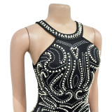 Women Solid Beaded Slit Backless Dress
