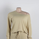 Women Solid Casual Slash Shoulder Top and Pant Two-piece Set