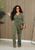 Women Casual knitting Button Long Sleeve Top and Pant Two Piece Set