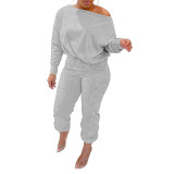 Women Solid Casual Slash Shoulder Top and Pant Two-piece Set