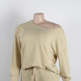 Women Solid Casual Slash Shoulder Top and Pant Two-piece Set