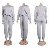 Women Solid Casual Slash Shoulder Top and Pant Two-piece Set