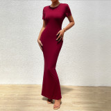 Women Elegant Solid Round Neck Short Sleeve Dress