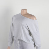 Women Solid Casual Slash Shoulder Top and Pant Two-piece Set