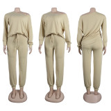 Women Solid Casual Slash Shoulder Top and Pant Two-piece Set