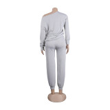 Women Solid Casual Slash Shoulder Top and Pant Two-piece Set