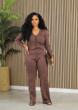 Women Casual knitting Button Long Sleeve Top and Pant Two Piece Set