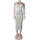 Summer Party Sexy Beaded Push Up Strap Midi Dress