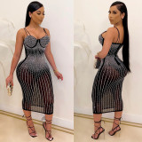 Summer Party Sexy Beaded Push Up Strap Midi Dress