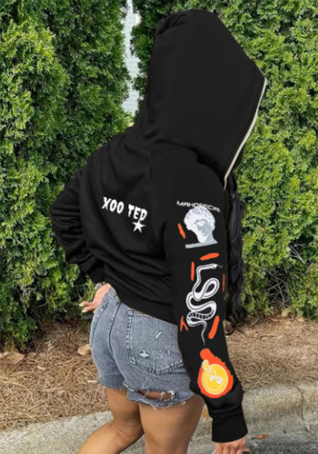 Plus Size Women Casual Zipper Letter Print Pocket Hoodies