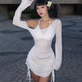 Women's  Autumn Slash Shoulder Long Sleeve Sexy See-Through Short Dress