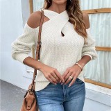 Autumn And Winter Solid Color Cross Halter Neck Lantern Sleeve Knitting Sweater For Women