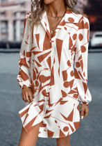 Autumn And Winter Women's  Turndown Collar Lantern Sleeve Printed Dress