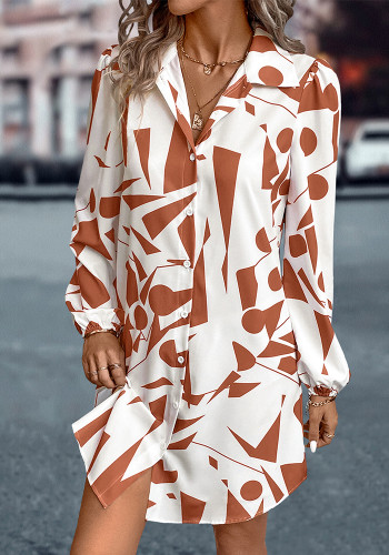 Autumn And Winter Women's  Turndown Collar Lantern Sleeve Printed Dress