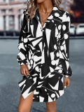 Autumn And Winter Women's  Turndown Collar Lantern Sleeve Printed Dress
