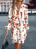 Autumn And Winter Women's  Turndown Collar Lantern Sleeve Printed Dress